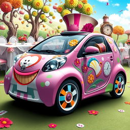 A whimsical and fantastical design of a Toyota IQ car inspired by the world of Alice in Wonderland