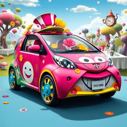 A whimsical and fantastical design of a Toyota IQ car inspired by the world of Alice in Wonderland