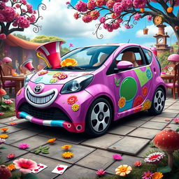 A whimsical and fantastical design of a Toyota IQ car inspired by the world of Alice in Wonderland