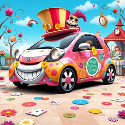 A whimsical and fantastical design of a Toyota IQ car inspired by the world of Alice in Wonderland