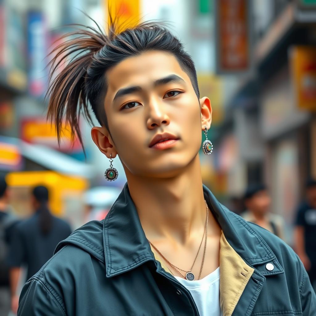 A hot Korean Thai male with a stylish ponytail and eye-catching earrings, exuding confidence and charisma