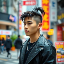 A hot Korean Thai male with a stylish ponytail and eye-catching earrings, exuding confidence and charisma