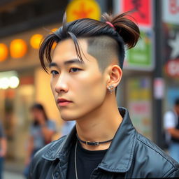 A hot Korean Thai male with a stylish ponytail and eye-catching earrings, exuding confidence and charisma