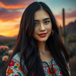 A captivating portrait of a Mexican individual with pale skin and long, flowing black hair