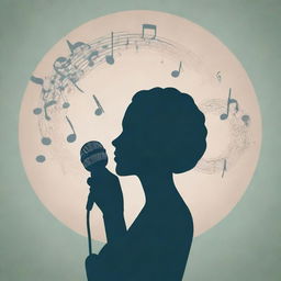 Poster design featuring a central silhouette suggesting introversion, surrounded by musical notes and instrumentation to show love for music. The figure is also softly holding a microphone, implying the identity of a singer. Use subtle, calming colors.