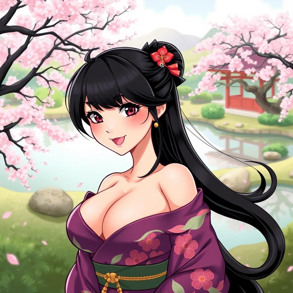 A stylized illustration of a Japanese woman with exaggerated features, particularly her large breasts, showcasing a confident and playful expression