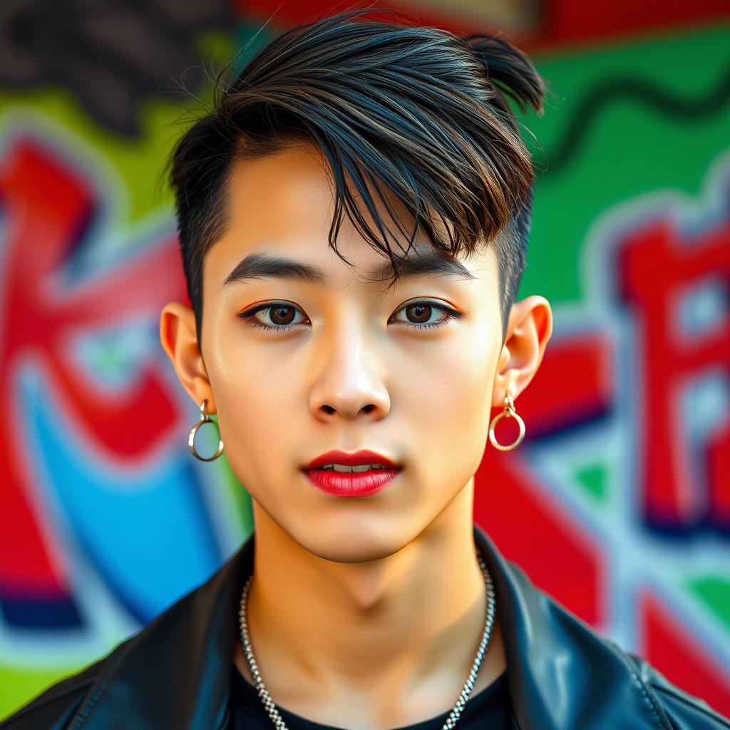 A young Thai Korean male with a small ponytail, wearing stylish makeup that accentuates his features, including bold eye makeup and glossy lips