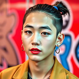 A young Thai Korean male with a small ponytail, wearing stylish makeup that accentuates his features, including bold eye makeup and glossy lips