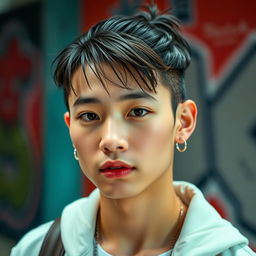 A young Thai Korean male with a small ponytail, wearing stylish makeup that accentuates his features, including bold eye makeup and glossy lips