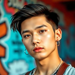A young Thai Korean male with a small ponytail, wearing stylish makeup that accentuates his features, including bold eye makeup and glossy lips