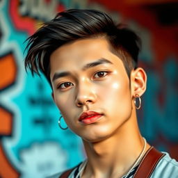 A young Thai Korean male with a small ponytail, wearing stylish makeup that accentuates his features, including bold eye makeup and glossy lips