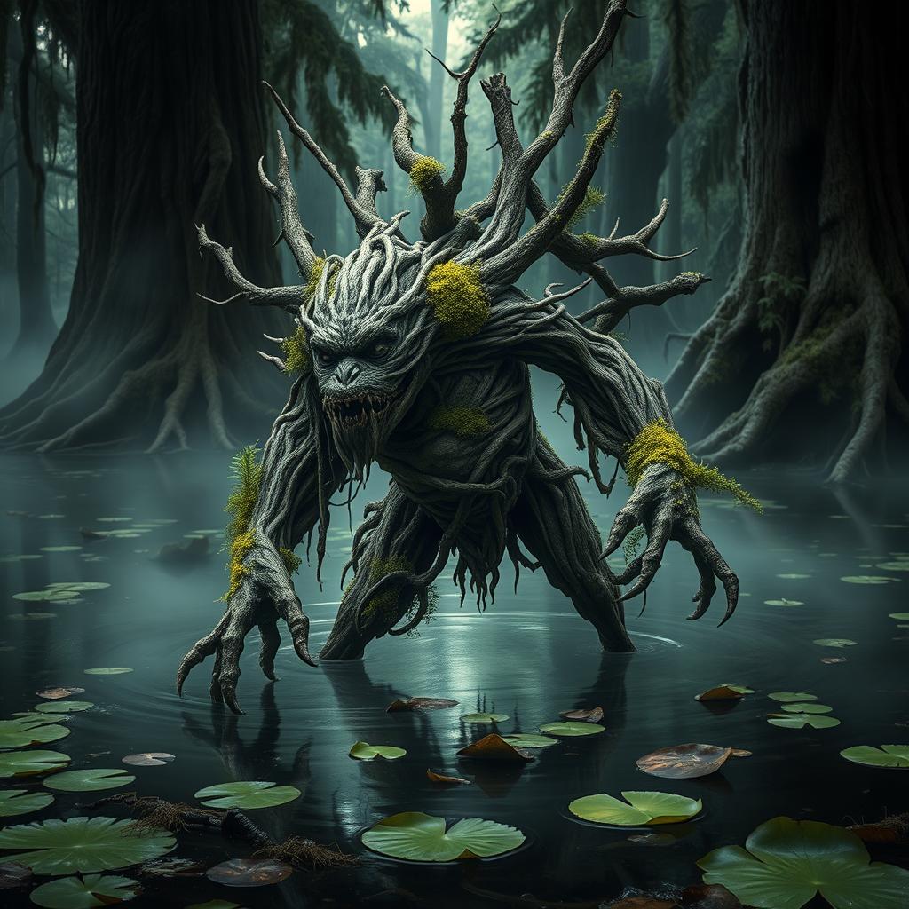 A gnarled treefolk, an ancient and twisted figure made of rough bark and moss, wading through a murky swamp