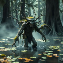 A gnarled treefolk, an ancient and twisted figure made of rough bark and moss, wading through a murky swamp