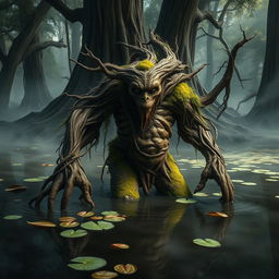 A gnarled treefolk, an ancient and twisted figure made of rough bark and moss, wading through a murky swamp