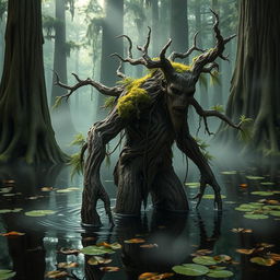 A gnarled treefolk, an ancient and twisted figure made of rough bark and moss, wading through a murky swamp