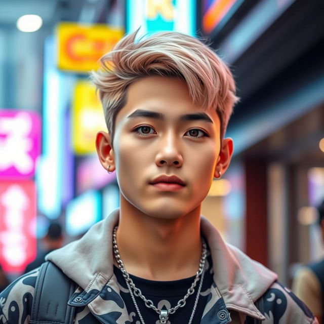 A young Thai male who resembles a K-pop idol, featuring flawless skin, sharp facial features, and stylish hair that is perfectly styled, embodying the trendy K-pop aesthetic