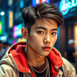 A young Thai male who resembles a K-pop idol, featuring flawless skin, sharp facial features, and stylish hair that is perfectly styled, embodying the trendy K-pop aesthetic