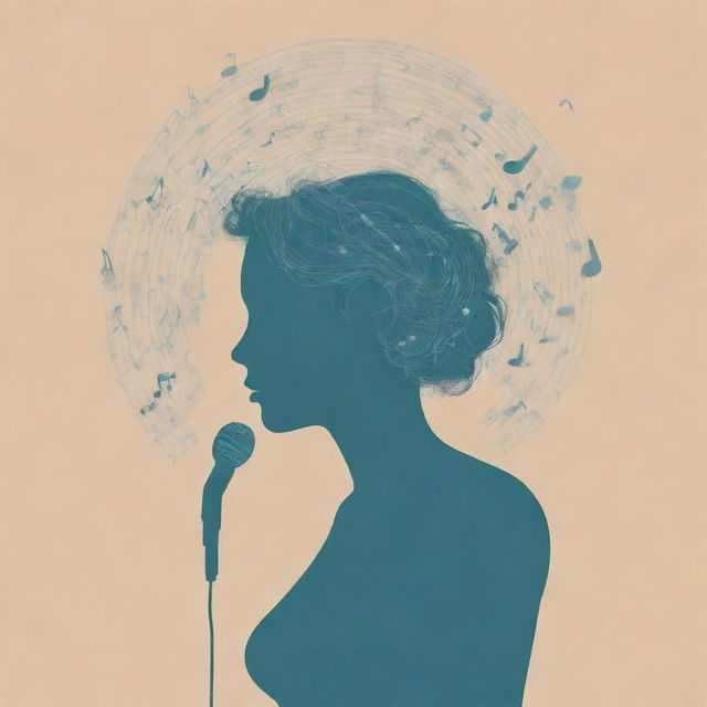 Poster design featuring a central silhouette suggesting introversion, surrounded by musical notes and instrumentation to show love for music. The figure is also softly holding a microphone, implying the identity of a singer. Use subtle, calming colors.