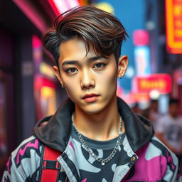 A young Thai male who resembles a K-pop idol, featuring flawless skin, sharp facial features, and stylish hair that is perfectly styled, embodying the trendy K-pop aesthetic