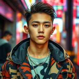 A young Thai male who resembles a K-pop idol, featuring flawless skin, sharp facial features, and stylish hair that is perfectly styled, embodying the trendy K-pop aesthetic