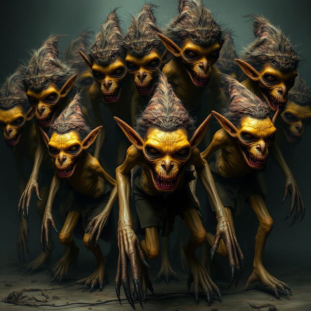 A horde of grotesque creatures, at least a dozen in number, exhibiting a bizarre and unsettling appearance