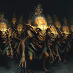 A horde of grotesque creatures, at least a dozen in number, exhibiting a bizarre and unsettling appearance