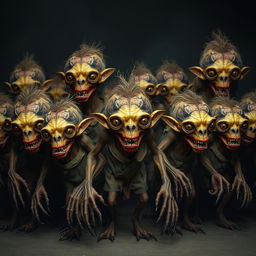 A horde of grotesque creatures, at least a dozen in number, exhibiting a bizarre and unsettling appearance