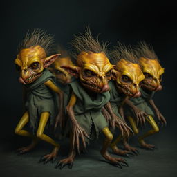 A group of grotesque creatures, short in stature, transitioning seamlessly between a four-legged gait and an upright stance