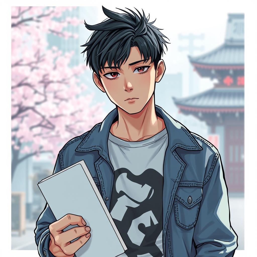 A young Japanese male with a cool and aloof demeanor, holding a sketchbook in one hand