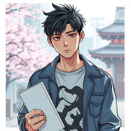 A young Japanese male with a cool and aloof demeanor, holding a sketchbook in one hand