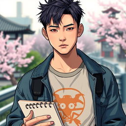 A young Japanese male with a cool and aloof demeanor, holding a sketchbook in one hand