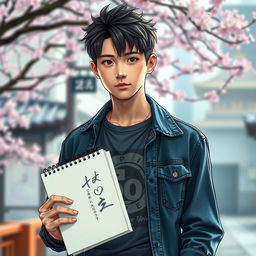 A young Japanese male with a cool and aloof demeanor, holding a sketchbook in one hand