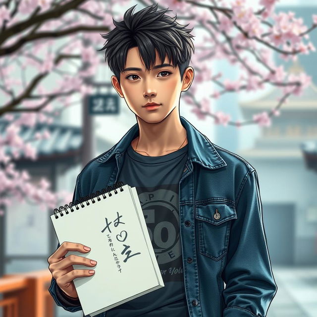 A young Japanese male with a cool and aloof demeanor, holding a sketchbook in one hand