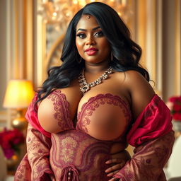 A captivating portrait of a voluptuous woman showcasing the world's largest breasts, highlighted in an elegant setting