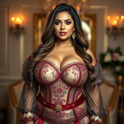 A captivating portrait of a voluptuous woman showcasing the world's largest breasts, highlighted in an elegant setting