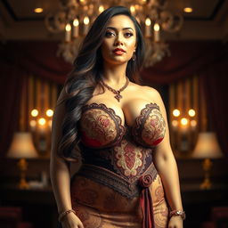 A captivating portrait of a voluptuous woman showcasing the world's largest breasts, highlighted in an elegant setting