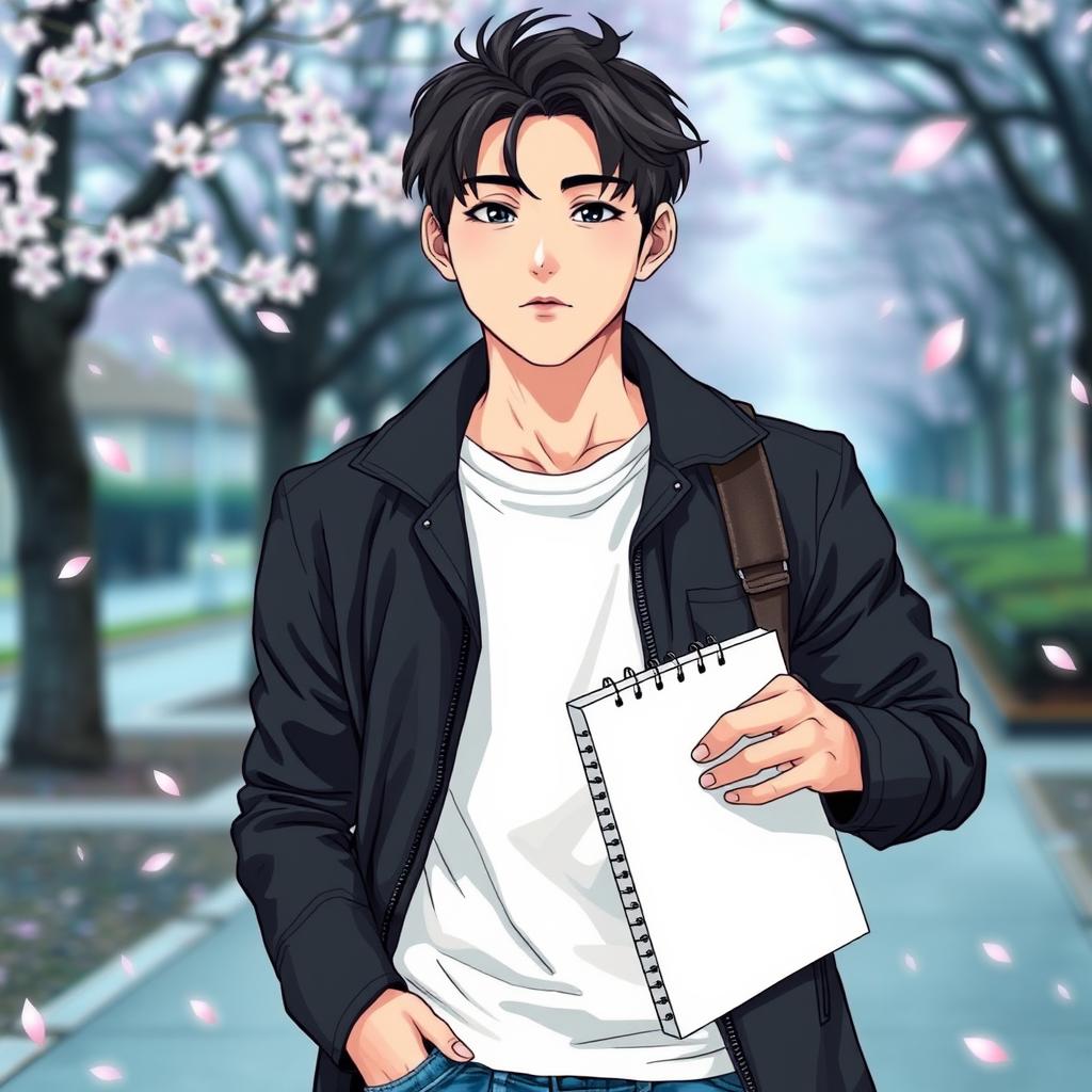 A young Japanese male, embodying a genuine and authentic look, holding a sketchbook in one hand