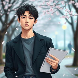 A young Japanese male, embodying a genuine and authentic look, holding a sketchbook in one hand