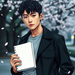 A young Japanese male, embodying a genuine and authentic look, holding a sketchbook in one hand