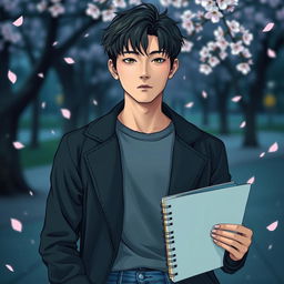 A young Japanese male, embodying a genuine and authentic look, holding a sketchbook in one hand