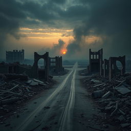 A dramatic, somber landscape depicting the devastation of Palestine, showcasing ruined buildings and wreckage, with a backdrop of a smoky sky, broken roads, and scattered debris