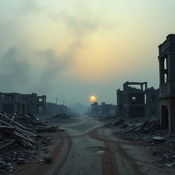 A dramatic, somber landscape depicting the devastation of Palestine, showcasing ruined buildings and wreckage, with a backdrop of a smoky sky, broken roads, and scattered debris