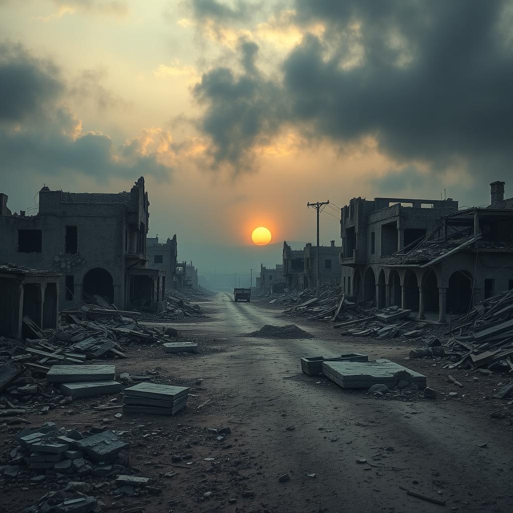 A dramatic, somber landscape depicting the devastation of Palestine, showcasing ruined buildings and wreckage, with a backdrop of a smoky sky, broken roads, and scattered debris