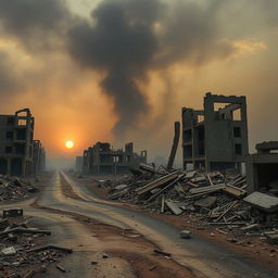 A dramatic, somber landscape depicting the devastation of Palestine, showcasing ruined buildings and wreckage, with a backdrop of a smoky sky, broken roads, and scattered debris