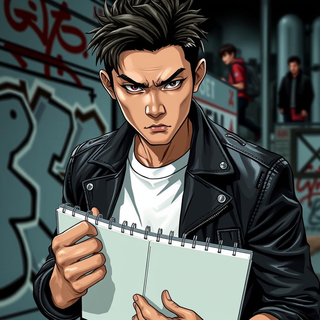 A young Japanese male with a fierce expression, holding a sketchbook tightly in one hand