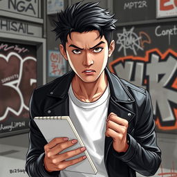 A young Japanese male with a fierce expression, holding a sketchbook tightly in one hand