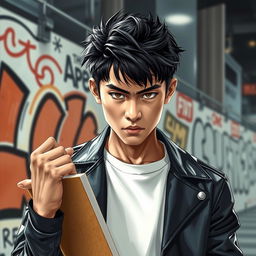 A young Japanese male with a fierce expression, holding a sketchbook tightly in one hand