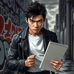 A young Japanese male with a fierce expression, holding a sketchbook tightly in one hand