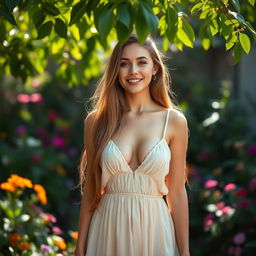 A beautiful petite skinny woman with large lactating breasts, standing confidently in a serene garden