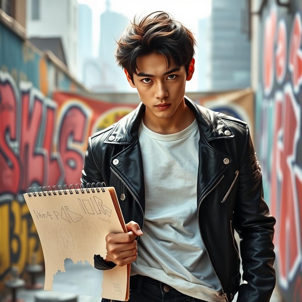 A young Japanese male with a fierce and determined expression, holding a sketchbook firmly in one hand